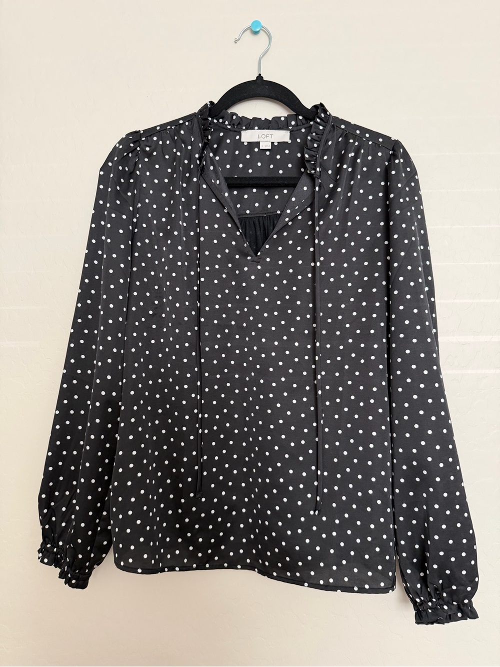 LOFT Black and White Polka Dot Ruffle-Neck Blouse